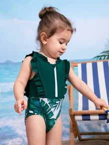 Traje De Baño De Una Pieza Con Media Cremallera Para Niñas Pequeñas Con Estampado Tropical Y Volantes - Verde - Ver 3