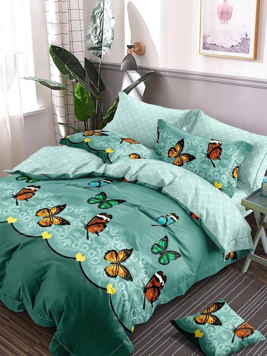 Butterfly Print Duvet Cover Set Without Filler - Multicolor - View 1