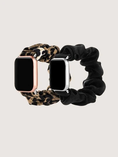 2pcs Black Fabric Fashion Leopard Print Ruched Watchband, For Daily Life Band Compatible With Apple Watch 49/45/44/42/41/40/38mm, Compatible With Apple Watch Series SE 8 7 6 5 4 3 2 1