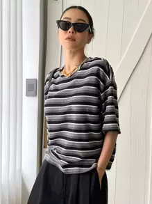 DAZY Camiseta Con Estampado De Rayas Y Hombros Caídos - Multicolor - Ver 7