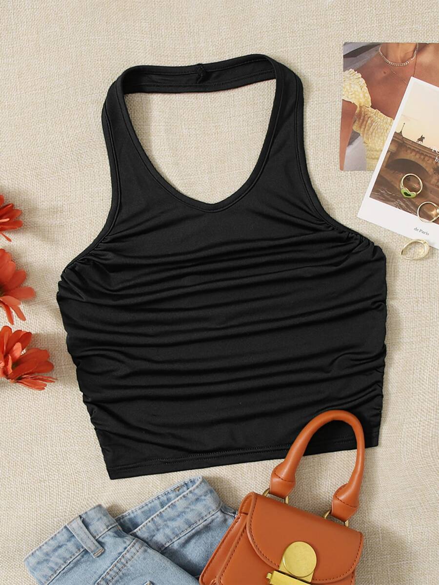 SHEIN Teen Girl Casual Solid Color Ruched Sleeveless Top, Summer - Black - View 1