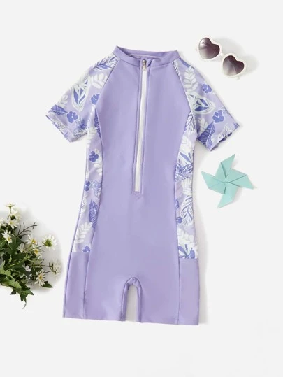 Tween Girl Plant Print Zipper One Piece Swimsuit