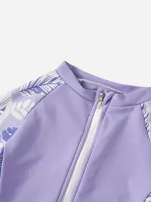 Tween Girl Plant Print Zipper One Piece Swimsuit