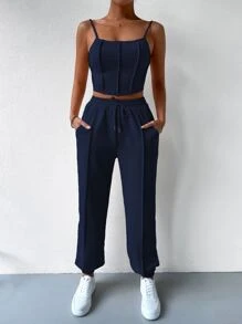 SHEIN Unity 女士纯色露脐吊带背心和抽绳腰裤休闲两件套 - 藏蓝色 - 查看 1