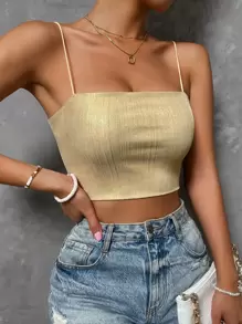 Chiquease 纯色短款吊带背心，适合新年假期派对服装 - 金色 - 查看 4