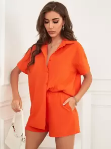 Conjunto camisa con botón naranja neón con shorts - Naranja - Ver 1