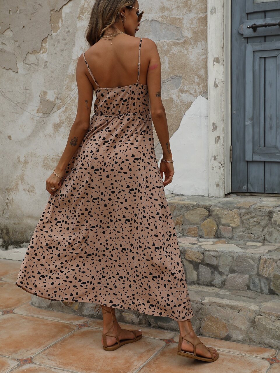 Women Casual Vacation Spaghetti Strap Backless Flared Leopard Print Dress