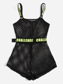 SHEIN EZwear Letter Graphic Belted Mesh Cami Romper Without Lingerie