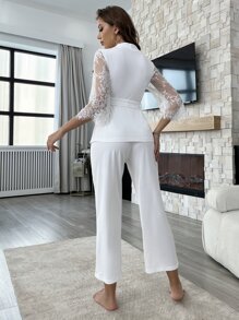 Contrast Eyelash Lace Belted Top & Trousers Night Set - White - View 2