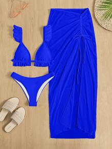 SHEIN Swim Summer Beach 3packs Effen bikini met ruches en strandrok