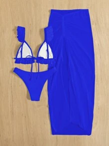 SHEIN Swim Summer Beach 3packs Effen bikini met ruches en strandrok