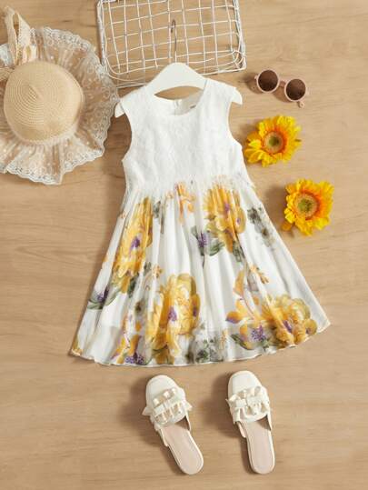 SHEIN Floral Print Contrast Eyelash Lace Chiffon Flower Girl Dress