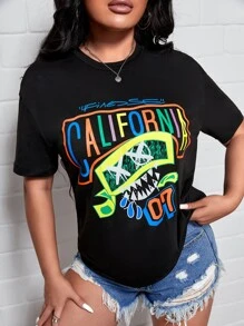 SHEIN SXY Letter & Expression Print Drop Shoulder Tee