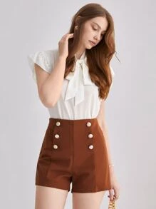 SHEIN Frenchy Quần đùi nữ Nút giả màu trơn Thanh lịch - Lạc đà - Xem 5