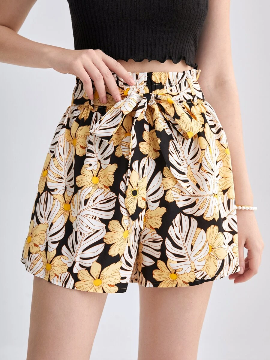 SHEIN 熱帶圖案前打結附腰帶短褲 - 彩色 - 查看 1
