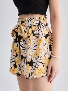 SHEIN 熱帶圖案前打結附腰帶短褲 - 彩色 - 查看 5
