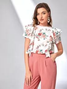 Seusyu Floral Print Ruffle Layered Blouse & High Waist Plicated Detail Trousers - Multicolor - View 5