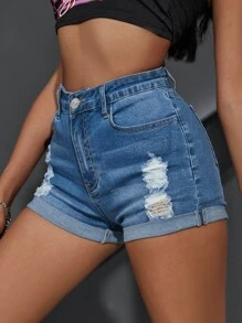 High Waisted Ripped Roll Up Hem Denim Shorts - Medium Wash - View 1