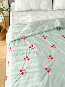 櫻桃圖案刺繡衍縫床單 - 綠色 - 查看 6