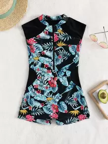 Swim SPRTY Summer Beach Random Tropical Print Zip Front One Piece Swimsuit - Black - View 4