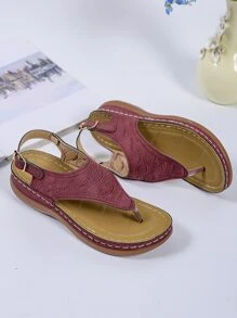 Giày bệt dày và Dép nêm Nữ Nghề thêu màu trơn dép quai hậu Đúng mốt - Màu Đỏ Sâu - Xem 1