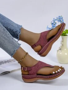 Giày bệt dày và Dép nêm Nữ Nghề thêu màu trơn dép quai hậu Đúng mốt - Màu Đỏ Sâu - Xem 3