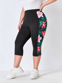 EMERY ROSE Plus Tropical Print High Waist Capri Leggings - Black - View 6