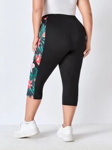 EMERY ROSE Plus Tropical Print High Waist Capri Leggings - Black - View 2