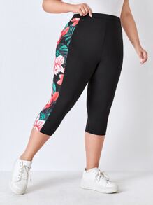 EMERY ROSE Plus Tropical Print High Waist Capri Leggings - Black - View 3