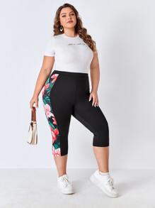 EMERY ROSE Plus Tropical Print High Waist Capri Leggings - Black - View 5