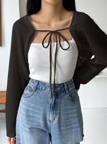 DAZY Áo crop top tay áo Raglan buộc phía trước không có áo cami - màu đen - Xem 1