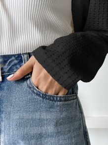 DAZY Áo crop top tay áo Raglan buộc phía trước không có áo cami - màu đen - Xem 3