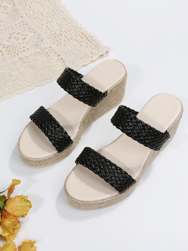 Women Braided Double Strap Sandals, Vacation Black Wedge Slide Sandals