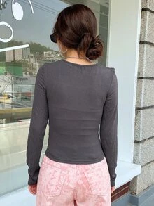 DAZY Solid Rib Knit Asymmetrical Neck Tee - Dark Grey - View 3