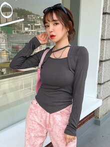 DAZY Solid Rib Knit Asymmetrical Neck Tee - Dark Grey - View 6