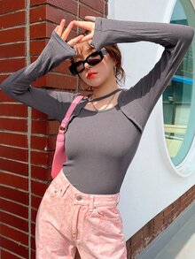DAZY Solid Rib Knit Asymmetrical Neck Tee - Dark Grey - View 7