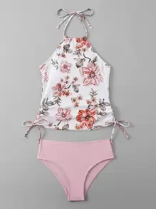 Swim Lushoire Summer Beach Random Floral Print Drawstring Side Tie Backless Halter Tankini