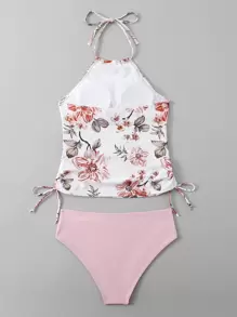 Swim Lushoire Summer Beach Random Floral Print Drawstring Side Tie Backless Halter Tankini