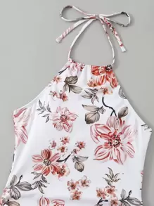 Swim Lushoire Summer Beach Random Floral Print Drawstring Side Tie Backless Halter Tankini