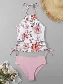 Swim Lushoire Summer Beach Random Floral Print Drawstring Side Tie Backless Halter Tankini