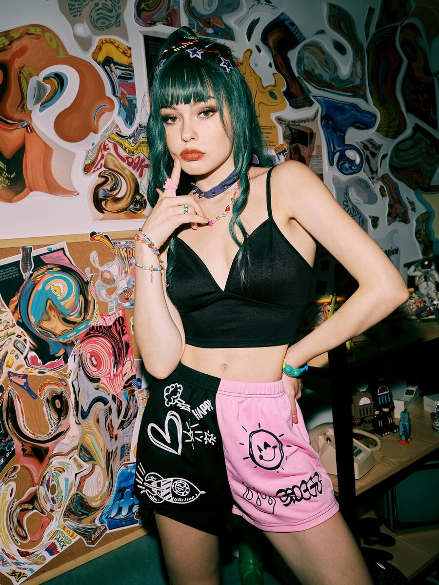 ROMWE Street Life Solid Crop Cami & Colorblock Cartoon Graphic Shorts - Multicolor - View 1