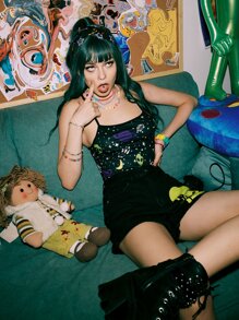 ROMWE Street Life Alien & Planet Graphic Backless Bodysuit - Black - View 1