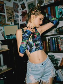 ROMWE Street Life Letter Graphic Chain Side Top - Multicolor - View 5