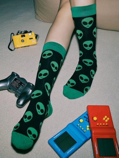 Street Life Alien Print Crew Socks