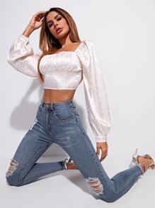 SHEIN Essnce Jeans ajustados desgarro con estiramiento alto bajo crudo - Azul lavado medio - Ver 5