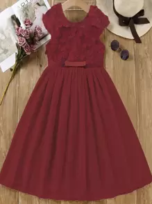 Girls Floral Embroidery Bow Front Dress - Burgundy - View 1