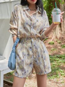DAZY Allover Print Drop Shoulder Blouse & Shorts - Multicolor - View 1