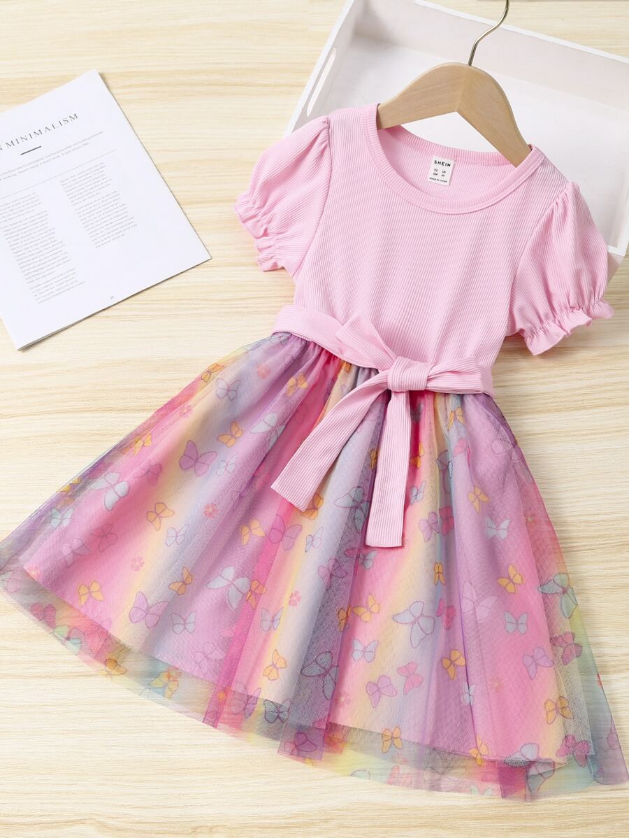 SHEIN 小女童漸層蝴蝶圖案泡泡袖繫腰帶洋裝