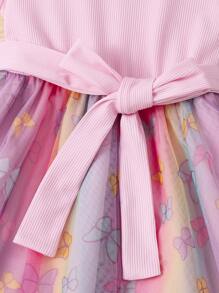 SHEIN 小女童漸層蝴蝶圖案泡泡袖繫腰帶洋裝