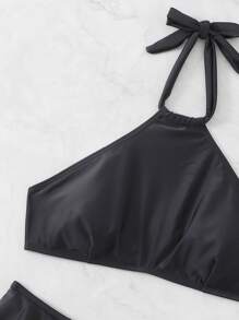 系带荷叶边丁字裤比基尼套装，适合夏季海滩度假 - 黑色 - 查看 3